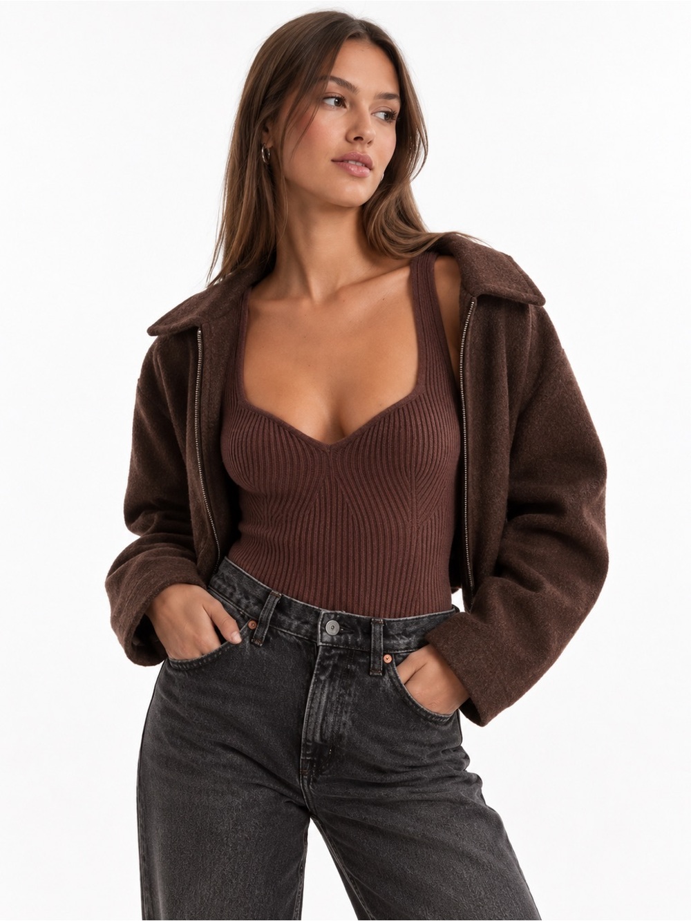Abercrombie & Fitch Women’s XS Brown Ribbed Thong Bodysuit Sweetheart Neck Top